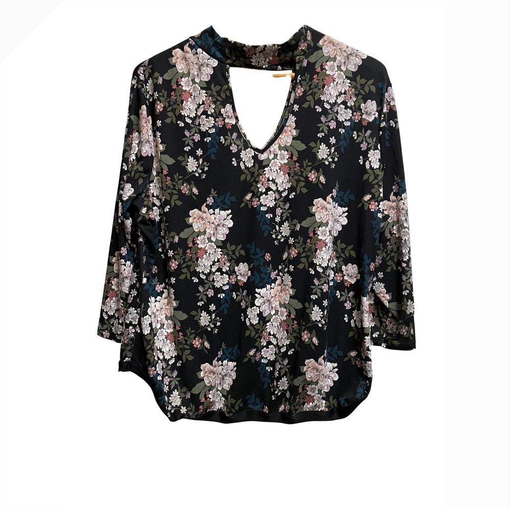 No Comment Plus Floral Choker Neck Cutout Blouse Black Pink 3X 3/4 Sleeve Top